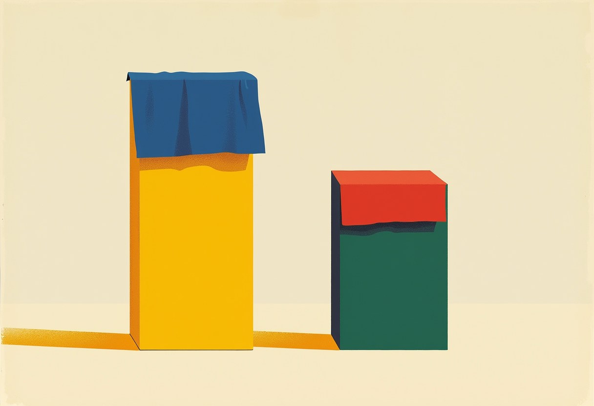 Editorial illustration of two upright blocks of clearly different heights standing side by side, each with a cloth draped over its top so the difference is hidden
