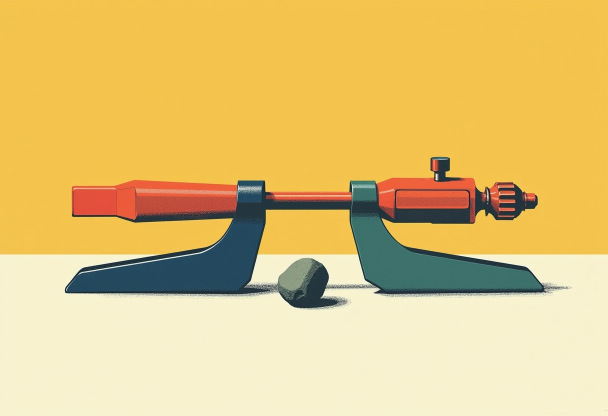 An orange micrometer with dark blue and green stands, its jaws open above a small gray pebble on the ground, against a yellow and cream background.