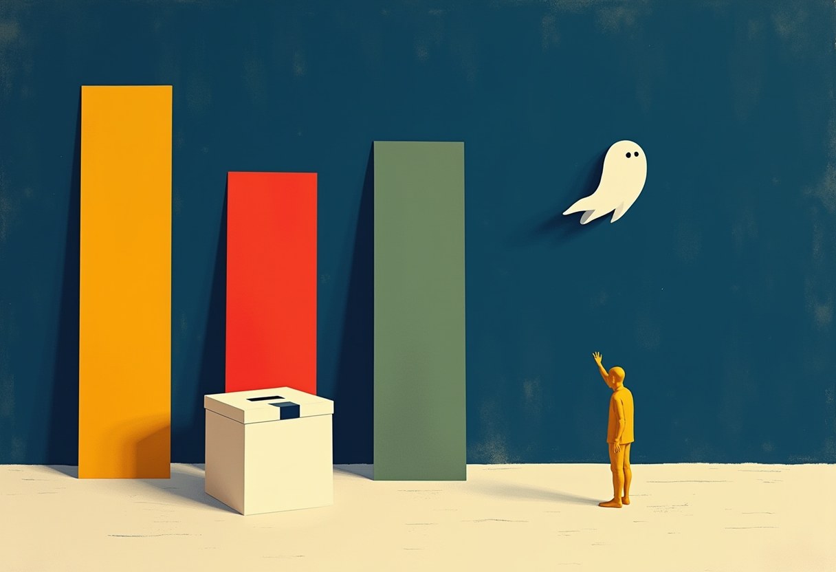 Three flat paper tally-strips of three different heights stand upright in a row on a deep cobalt-blue ground before a small flat white ballot box, a pale ghost-shaped figure hovers in the air beside the box, and a flat solid golden figure stands to the right with one flat hand raised palm out