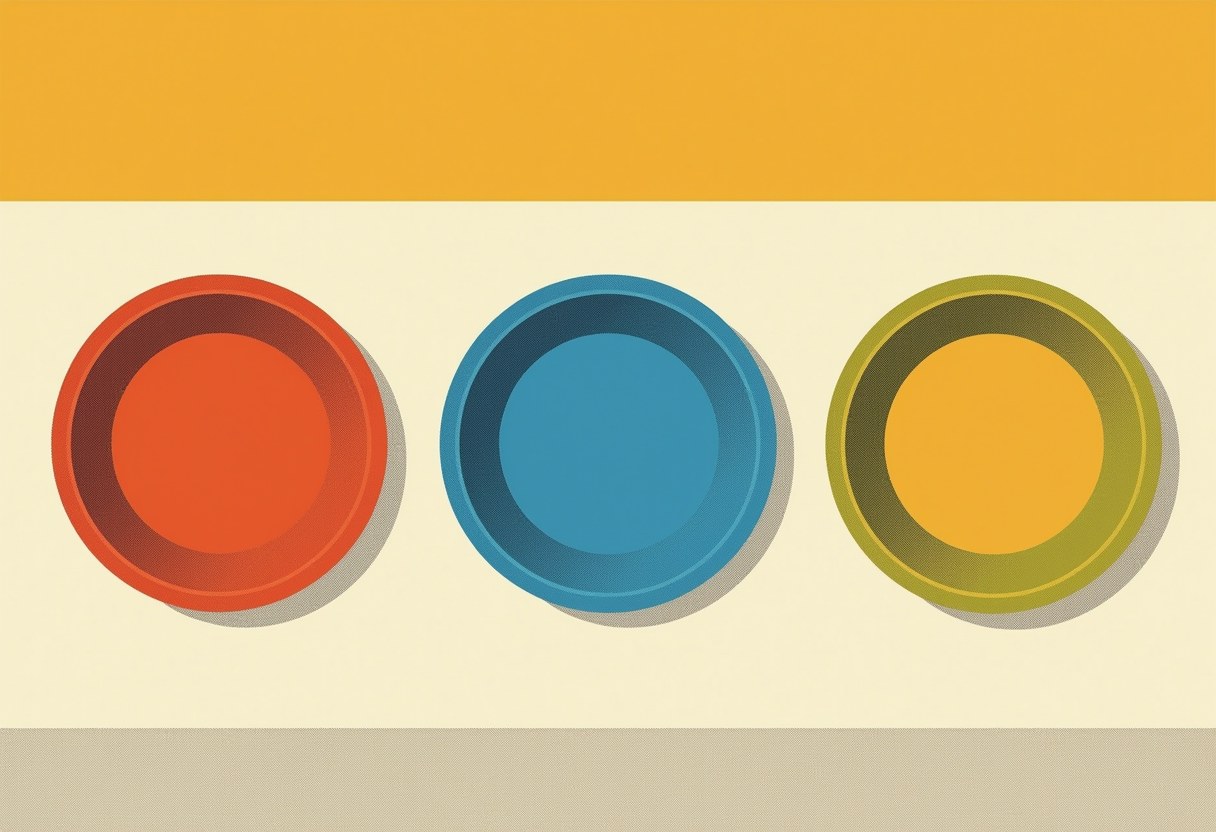 Three round bowls in a row—red, blue, and olive-green with a yellow center—against a cream background under a mustard-yellow band.