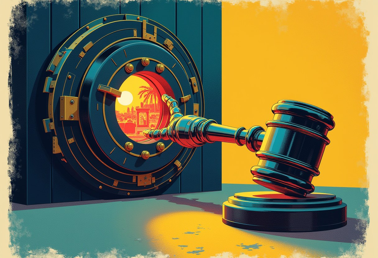 Editorial illustration of a chrome robot hand reaching into a studio vault held open only a thin crack by a judge's gavel, film reels glowing just out of reach