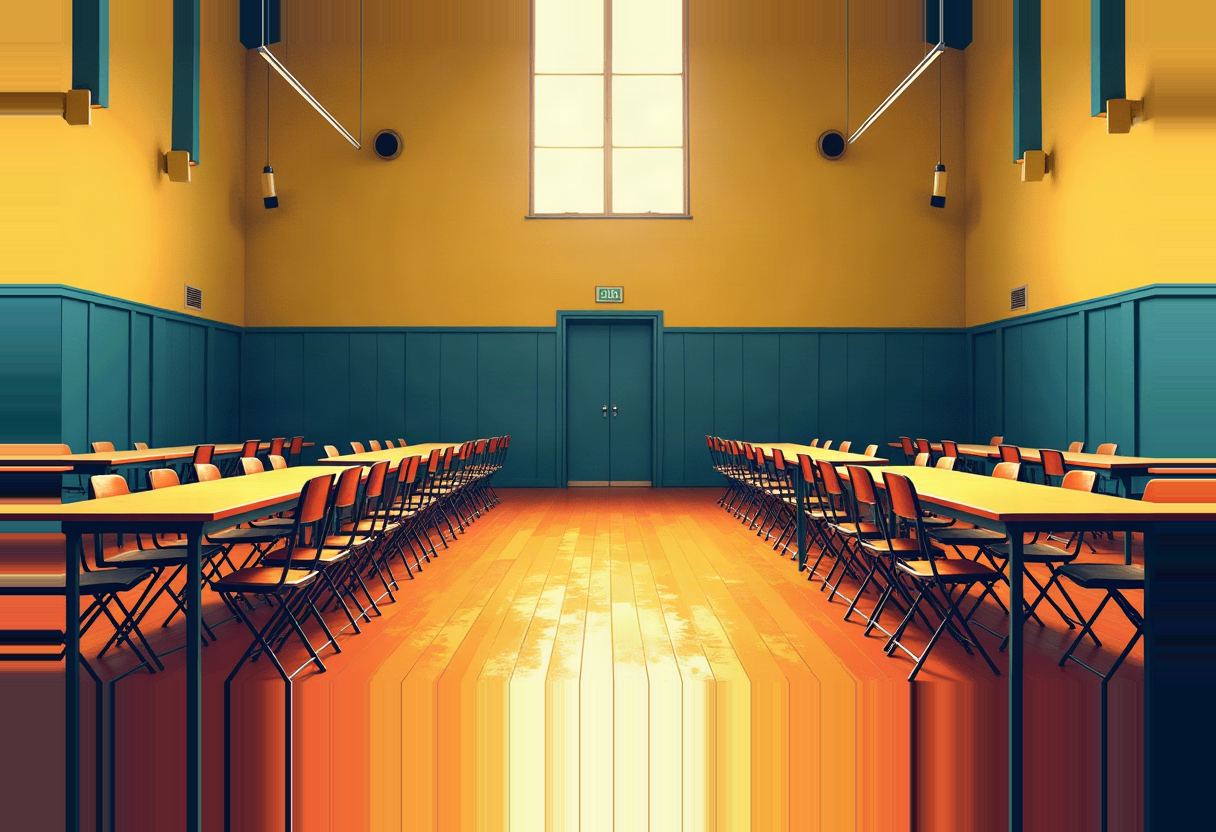 Empty hall with two rows of long tables and folding chairs flanking a wood floor aisle, yellow walls, teal wainscoting, and a tall window above double doors.