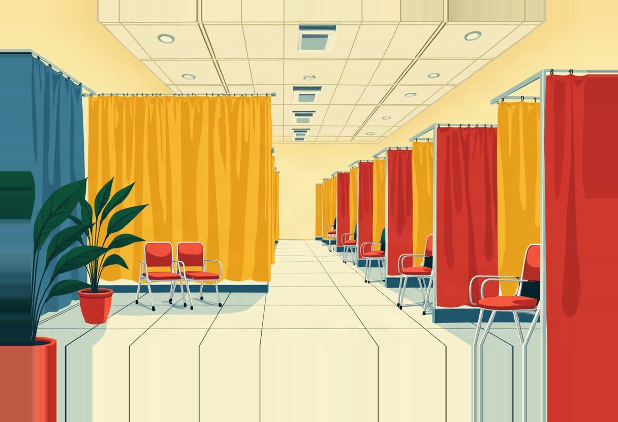 Rows of empty red and yellow curtained booths with red chairs line a tiled hallway, a potted plant at left foreground.