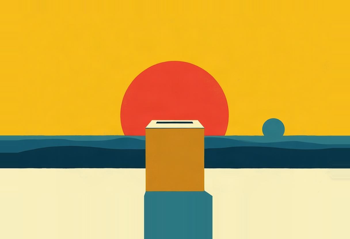 A tan ballot box with a slot sits on a teal pedestal against a large red circle and yellow sky, a small teal half-circle to the right, above dark teal wavy water and a pale beige foreground.
