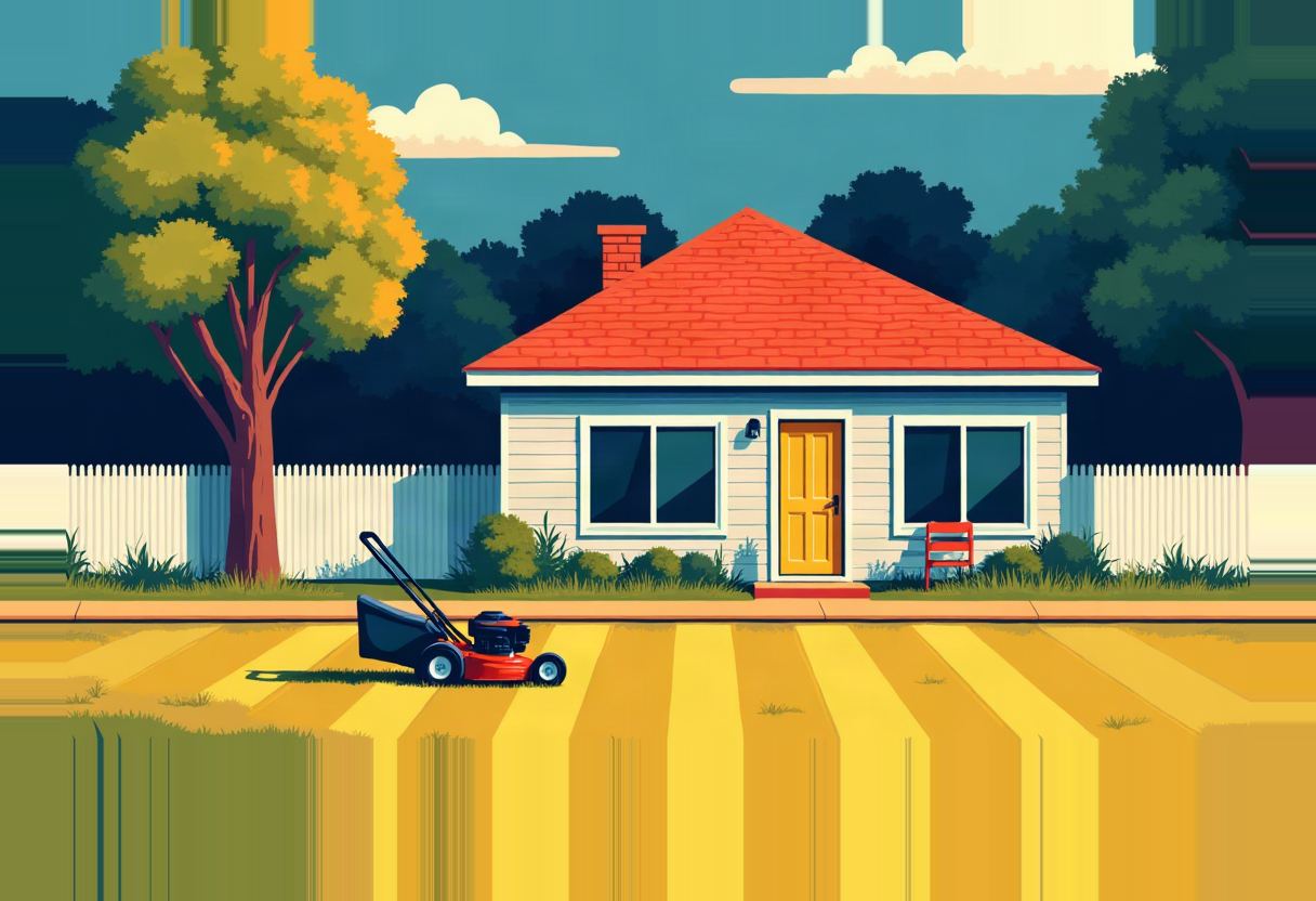 A small house with an orange roof and yellow door sits behind a white picket fence, with a red push lawnmower on a half-mowed yellow lawn out front.