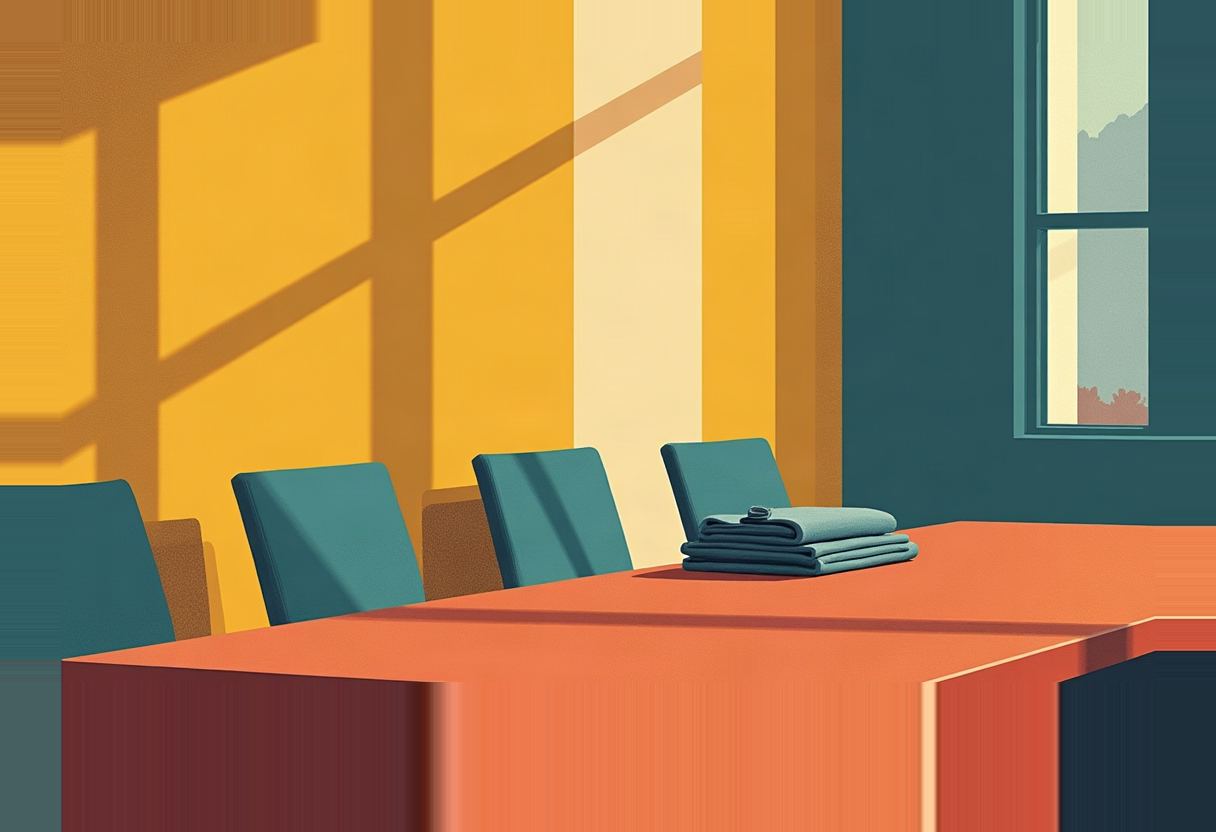 An empty conference room with an orange table and four teal chairs along one side, a folded teal cloth on the table, yellow walls with window-light shadows, and a window showing trees at right.