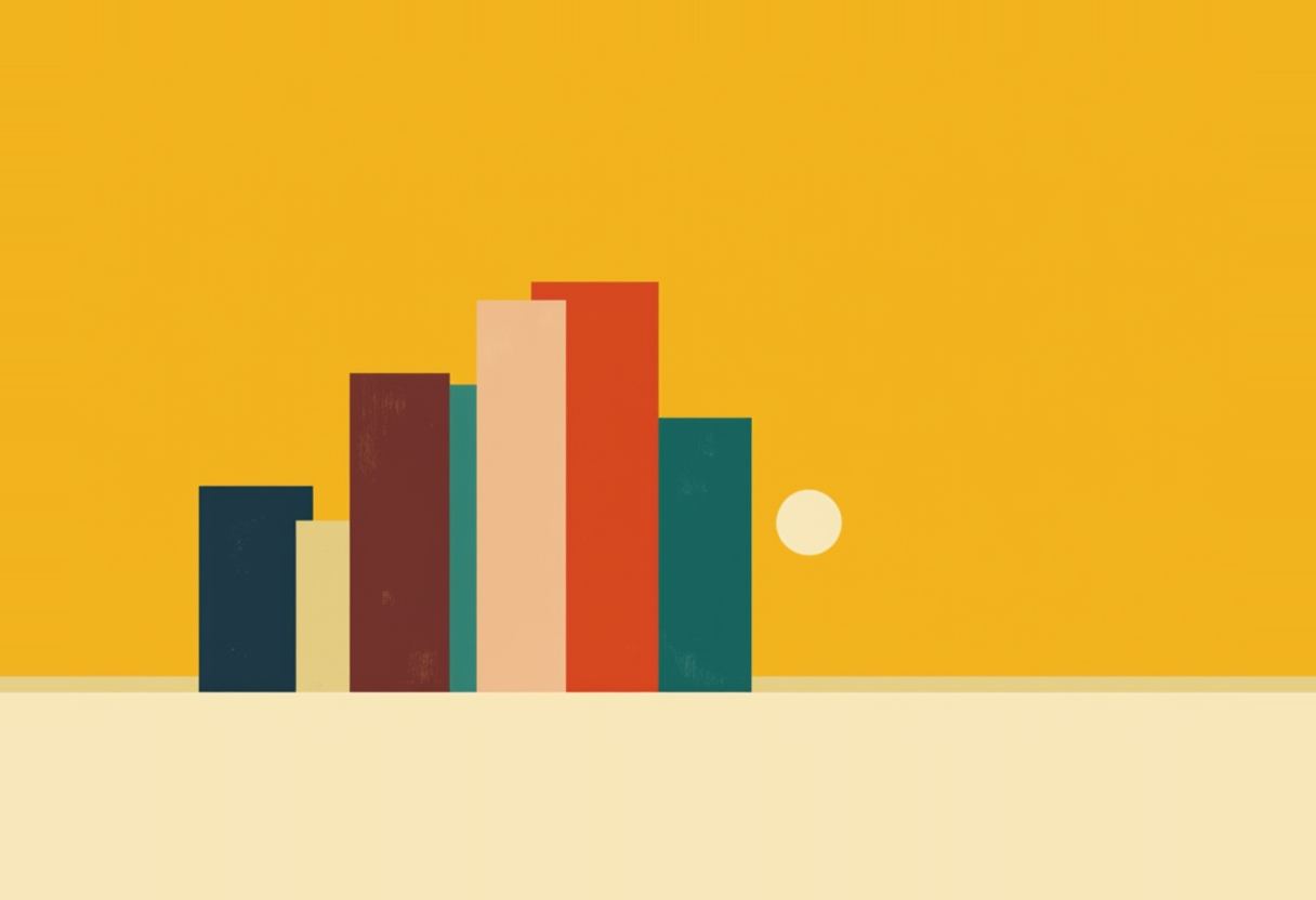 Seven flat-colored vertical bars of varying heights (navy, cream, maroon, teal, peach, orange, teal) stand side by side beside a pale circle, against a mustard-yellow background above a cream ground line.