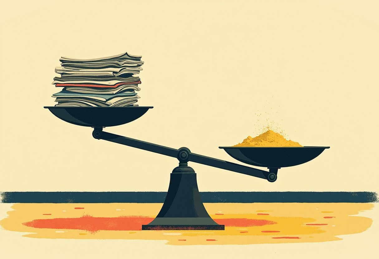 A dark two-pan balance scale tips down under a stack of papers on the left, with a small heap of yellow powder scattering off the raised right pan, on a cream and orange background.