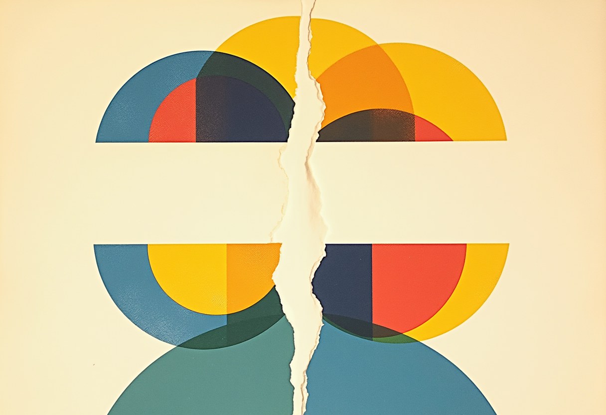 Overlapping blue, yellow, red, orange and teal semicircles on cream paper, split down the middle by a jagged vertical tear.