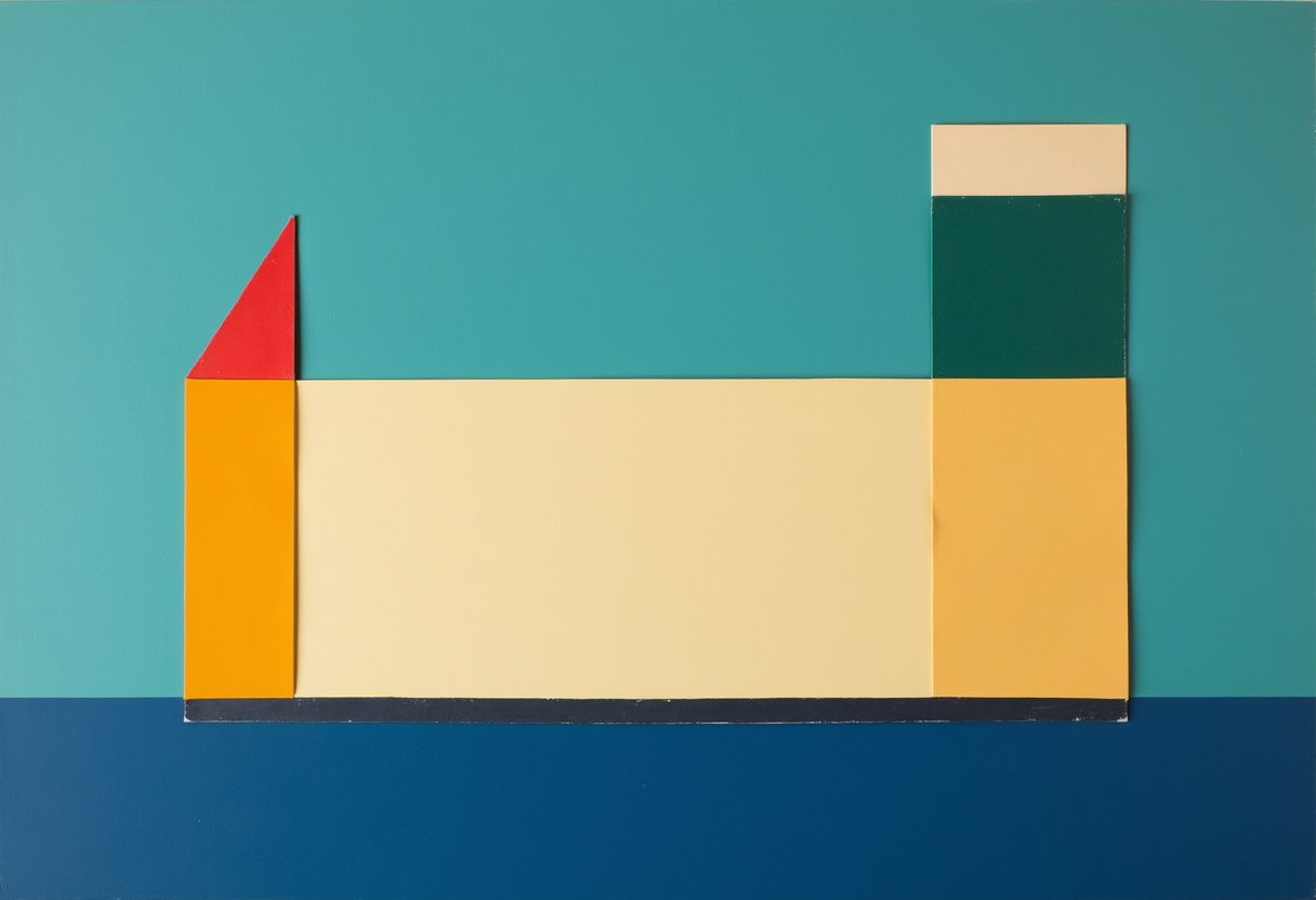 Flat geometric collage: a wide cream rectangle flanked by an orange pillar with a red triangle atop it and a green-and-cream pillar, on teal and dark blue backgrounds.
