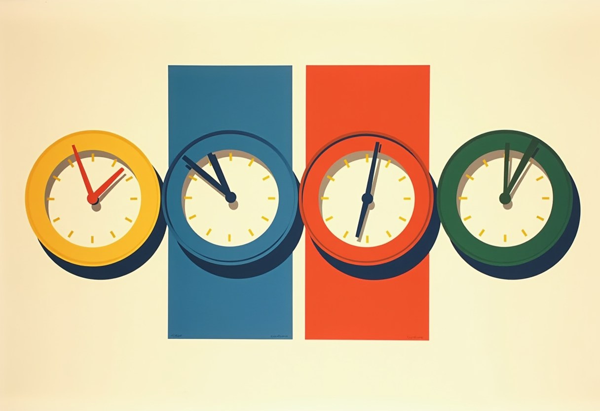 Four round wall clocks with yellow, blue, red, and green rims and mismatched hand positions hang in a row against blue and orange vertical panels on a cream background.