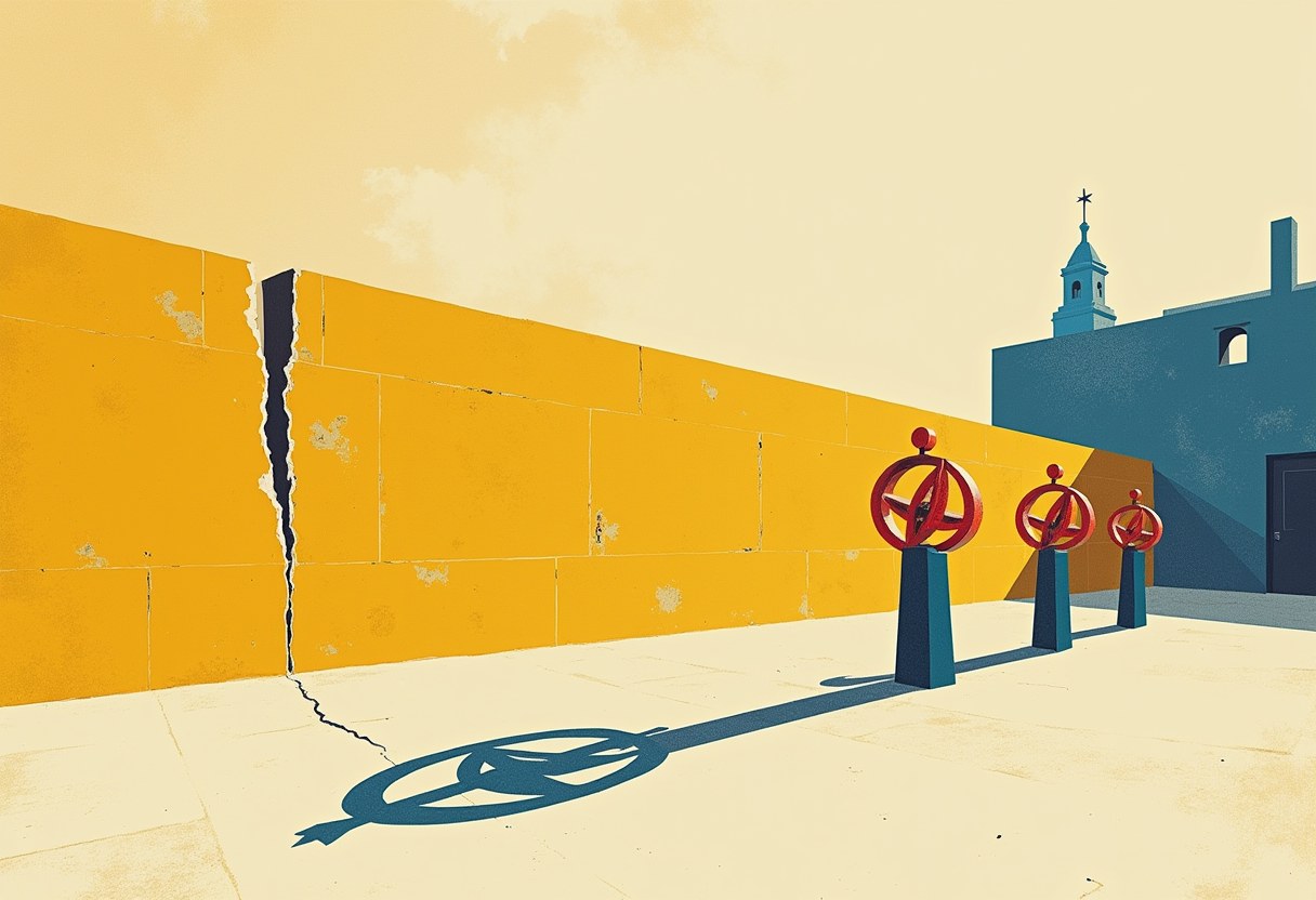 Editorial illustration of a stone wall with a single crack letting light through, and three brass sundials on the far side casting three different shadow directions
