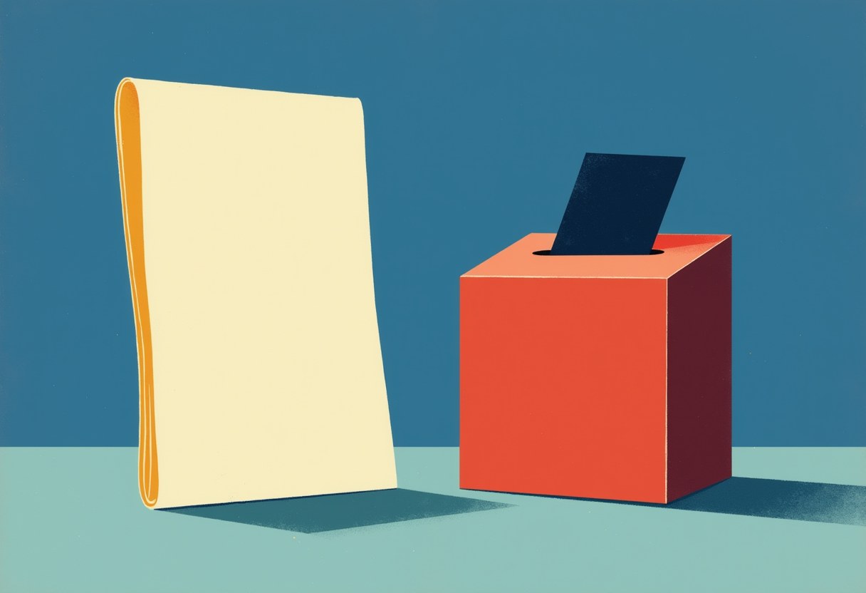 Flat cobalt-blue ground; a blank cream page stands upright on the left and a vermilion ballot box with a black ballot slipping from its slot sits on the right, a wide empty gap between them.