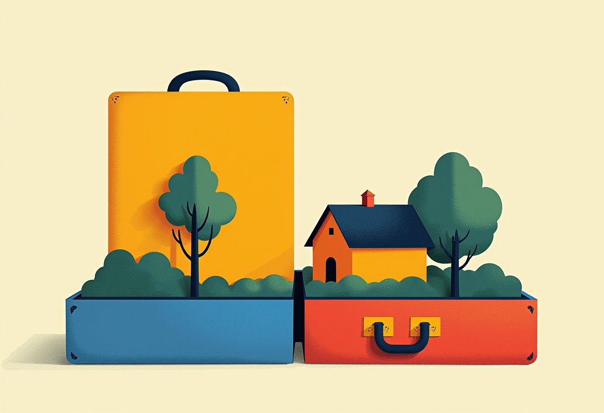An open suitcase split into blue and orange-red halves holds a tree, bushes, and a small house with a red chimney, against a pale yellow background.