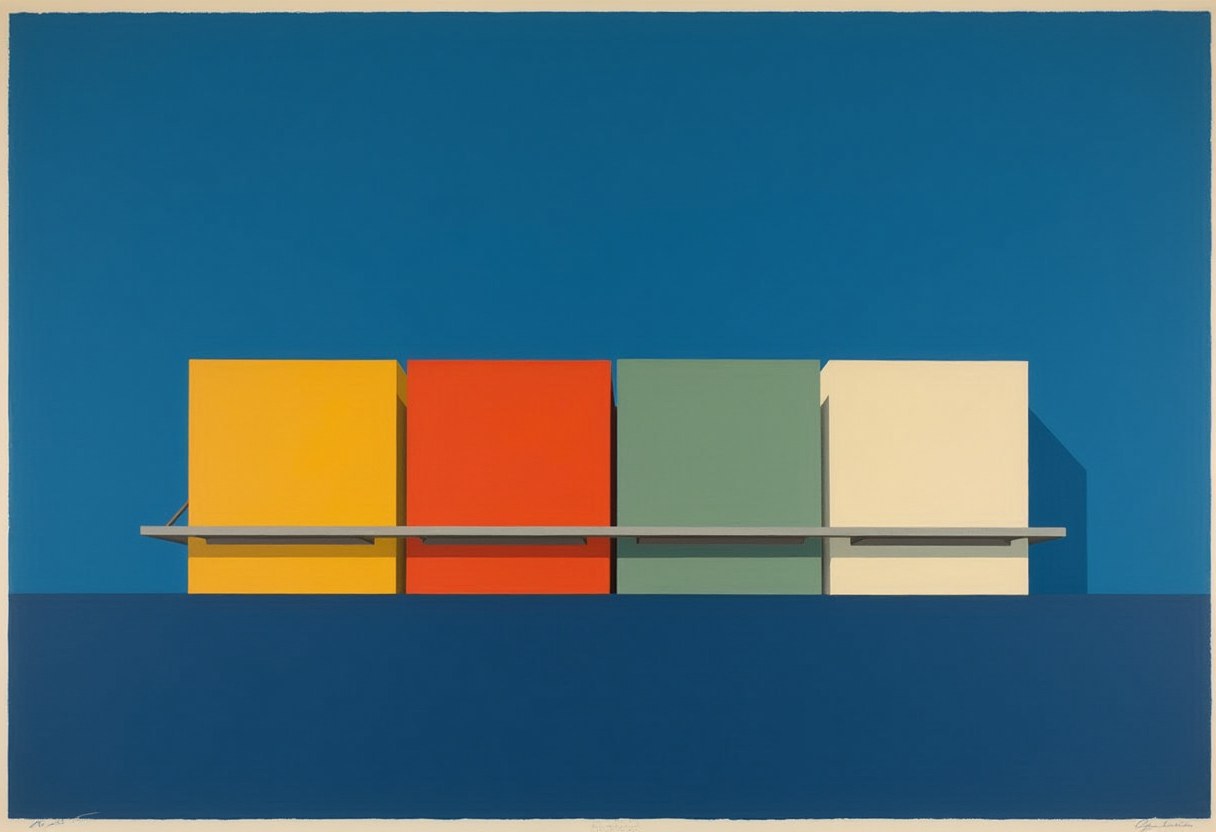 Four flat-colored rectangular blocks—yellow, red, green, and cream—stand in a row on a horizon line under a solid blue sky, crossed by one thin gray horizontal bar.