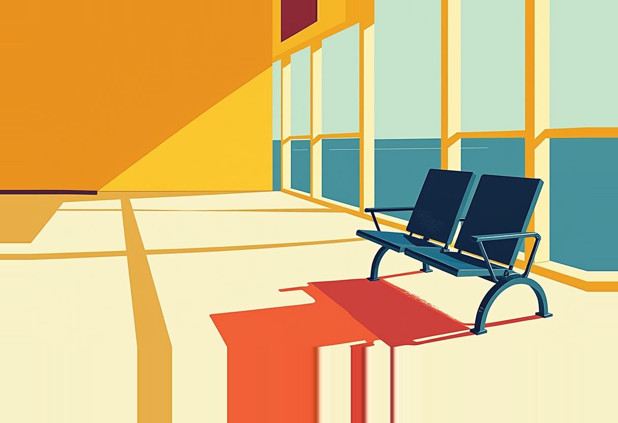 Empty airport departure gate with a lone boarding chair casting two diverging shadows
