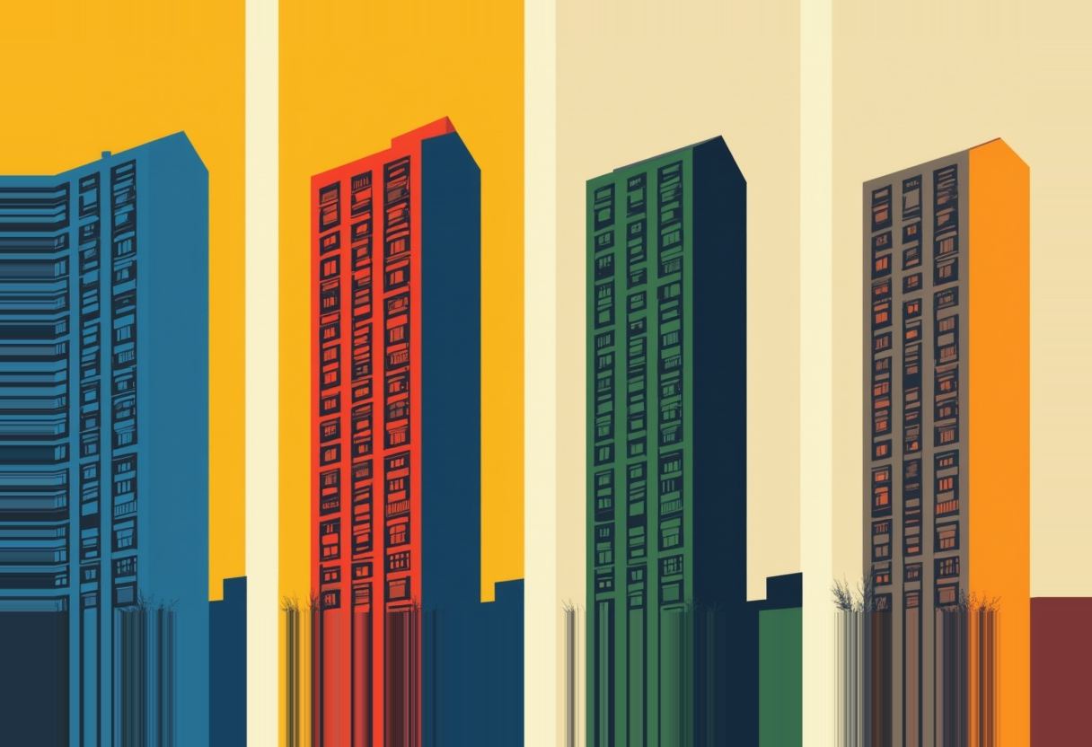 Four identical high-rise apartment towers stand side by side, each panel a different flat background and building color: blue, red, green, and orange.