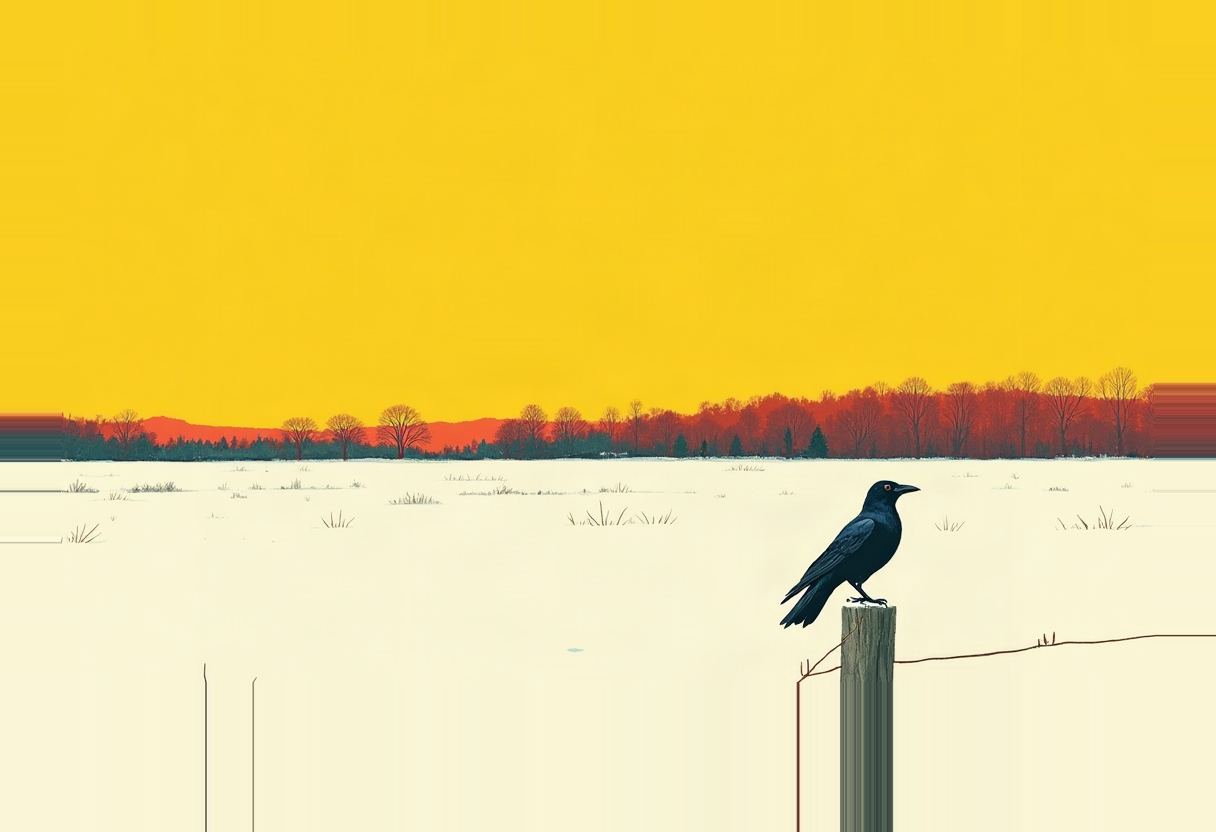 A black crow perches on a wooden fence post in a snowy field, with bare red-toned trees along the horizon under a solid yellow sky.