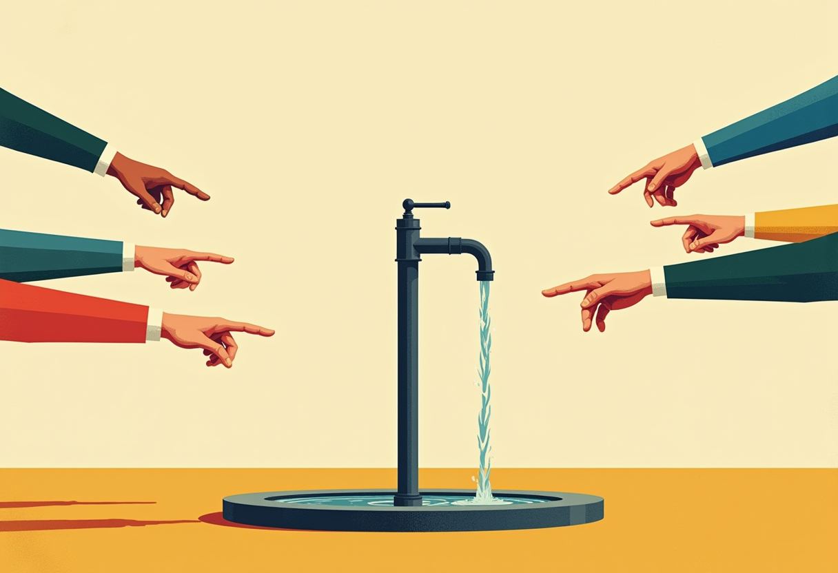 Six pointing fingers in suit sleeves converge from both sides on a black water pump spouting water into a round basin, on a cream and mustard background.