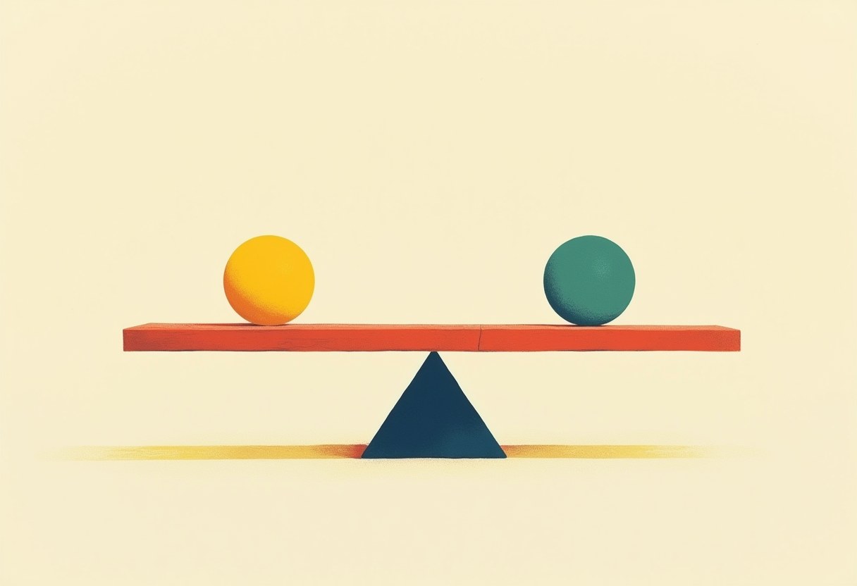 A yellow sphere and a teal sphere balance level on a red plank resting atop a dark blue triangular fulcrum, against a pale yellow background.