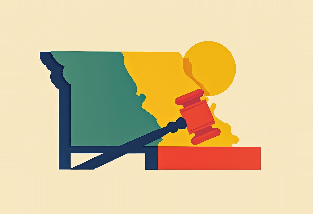 A red gavel strikes a block beside a map of Missouri split in teal, yellow, and navy, with a yellow sun behind it, on a cream background.