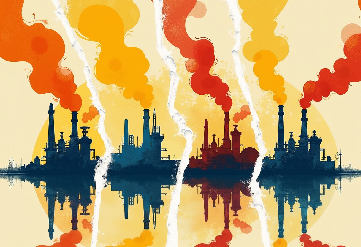 Editorial illustration of a burning refinery reflected in four cracked mirrors each showing a different number