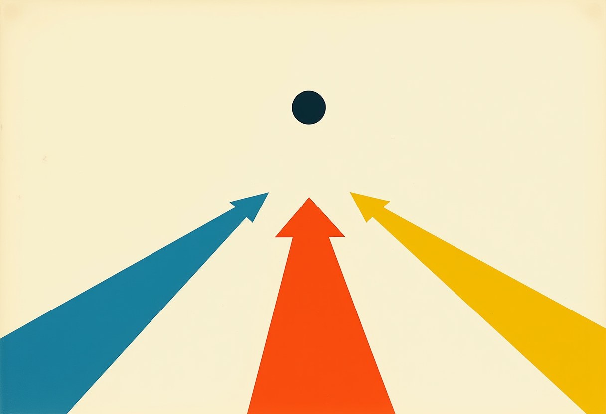 Three arrows in teal, orange, and yellow point from different angles toward a small dark circle on a cream background.