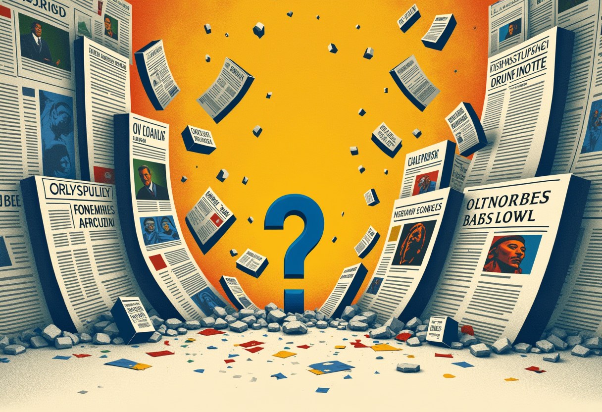 Editorial illustration of a wall of front pages whose largest headline shatters, leaving one upright question mark