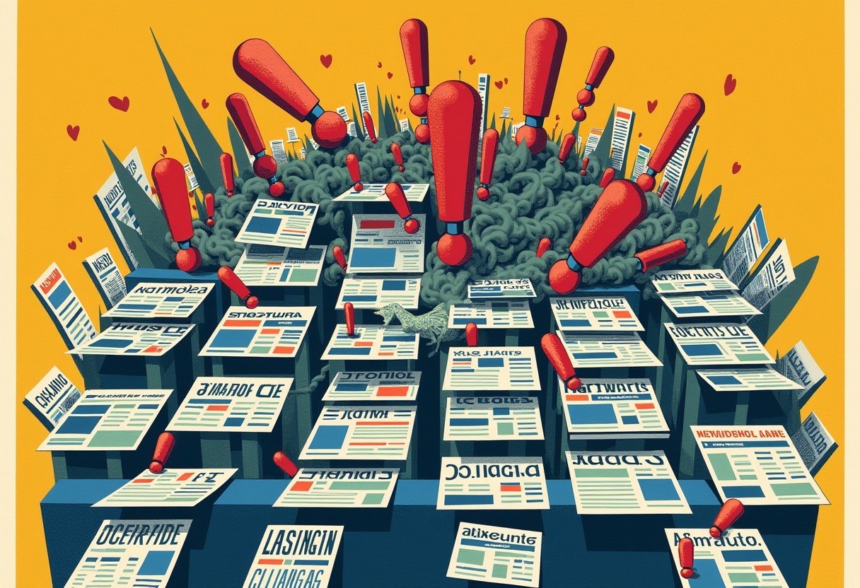 Editorial illustration of a newsstand whose front pages tangle into a single knotted shout