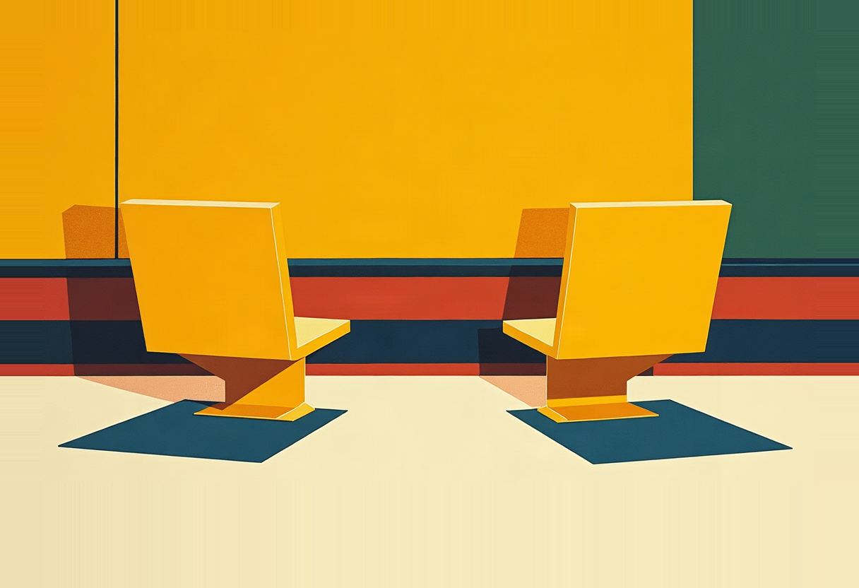 Two empty yellow chairs angled apart on a dark teal mat, against a flat yellow and green wall above a red and navy stripe.