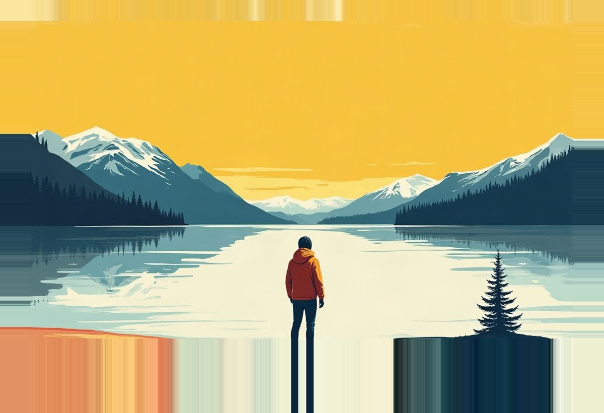 A person in a red jacket and beanie stands facing a still lake, flanked by snow-capped mountains and a dark evergreen silhouette, under a solid yellow sky.