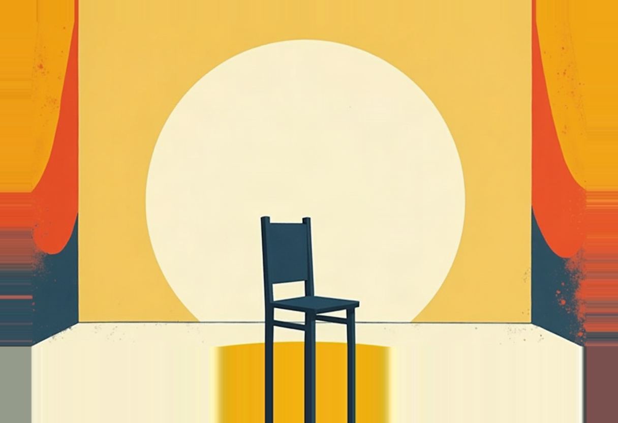 An empty dark chair sits on a stage floor before a large pale circle on a yellow wall, flanked by orange curtain-like drapes.