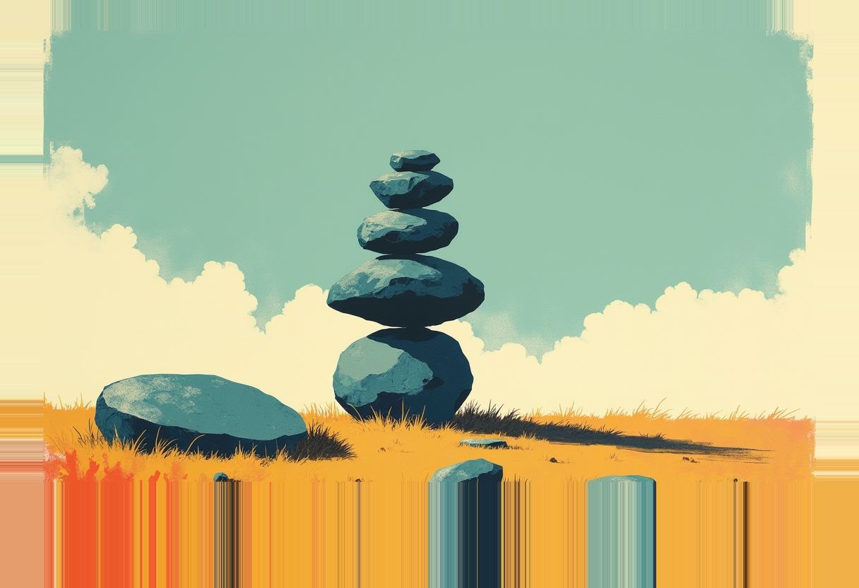 Five dark blue-grey stones balanced in a stack on a golden grassy ridge, with a single flat stone beside it, set against a teal sky with cream clouds.