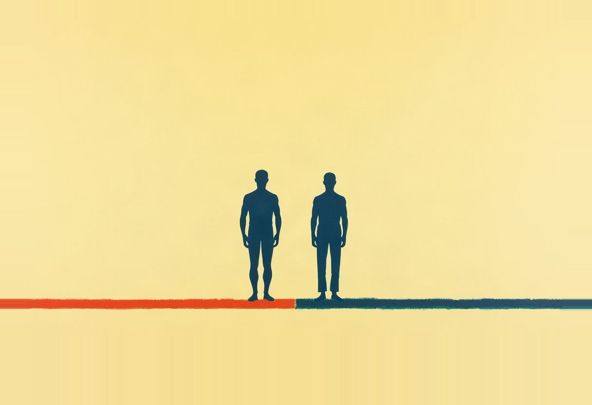 Two identical dark blue silhouettes of standing men on a horizontal line that is red on the left and blue on the right, against a pale yellow background.