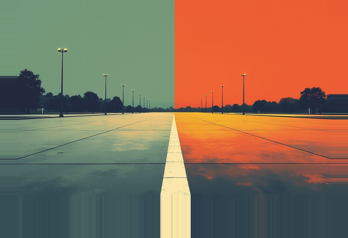 A wide paved lot split down the middle by a white line, lined with streetlights and trees, the left half tinted green-grey and the right half tinted orange-red.