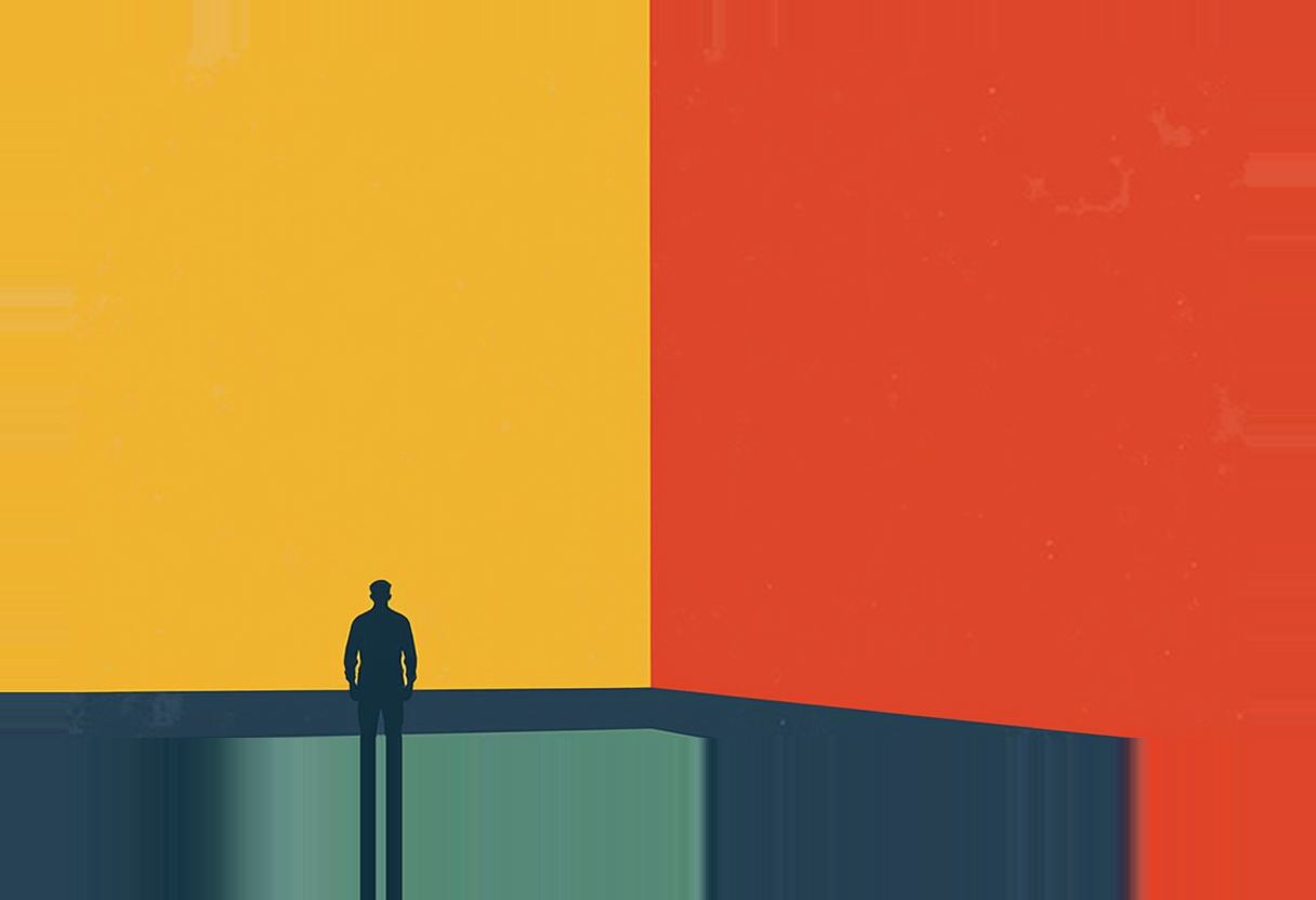 A small dark silhouette of a standing man casts a long shadow on a ledge where a yellow wall meets an orange wall, above a teal lower section.