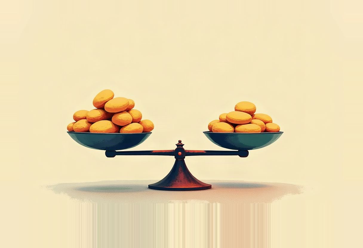 A balance scale with two bowls holding piles of round gold coins, levelled evenly on a dark pedestal against a pale yellow background.