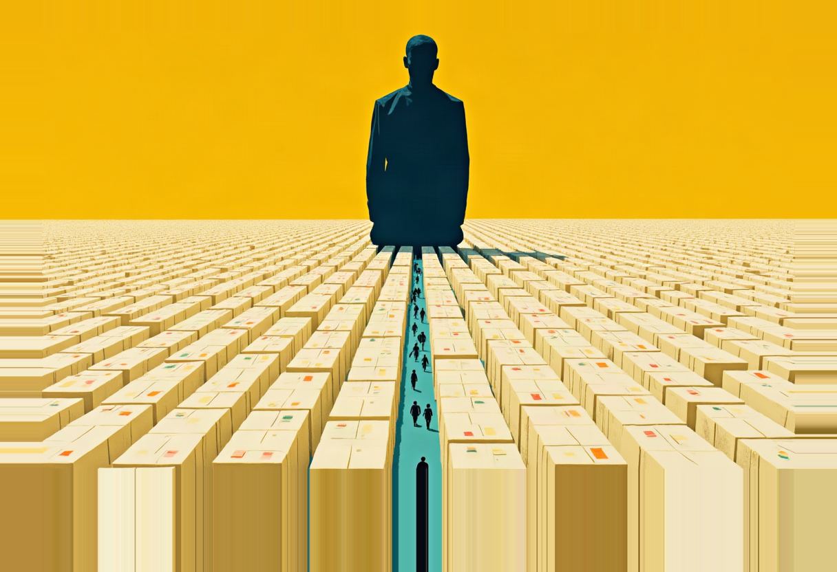 A dark silhouette of a man stands at the end of a teal pathway lined by rows of stacked beige file boxes, with tiny human figures walking the path, against a solid yellow background.