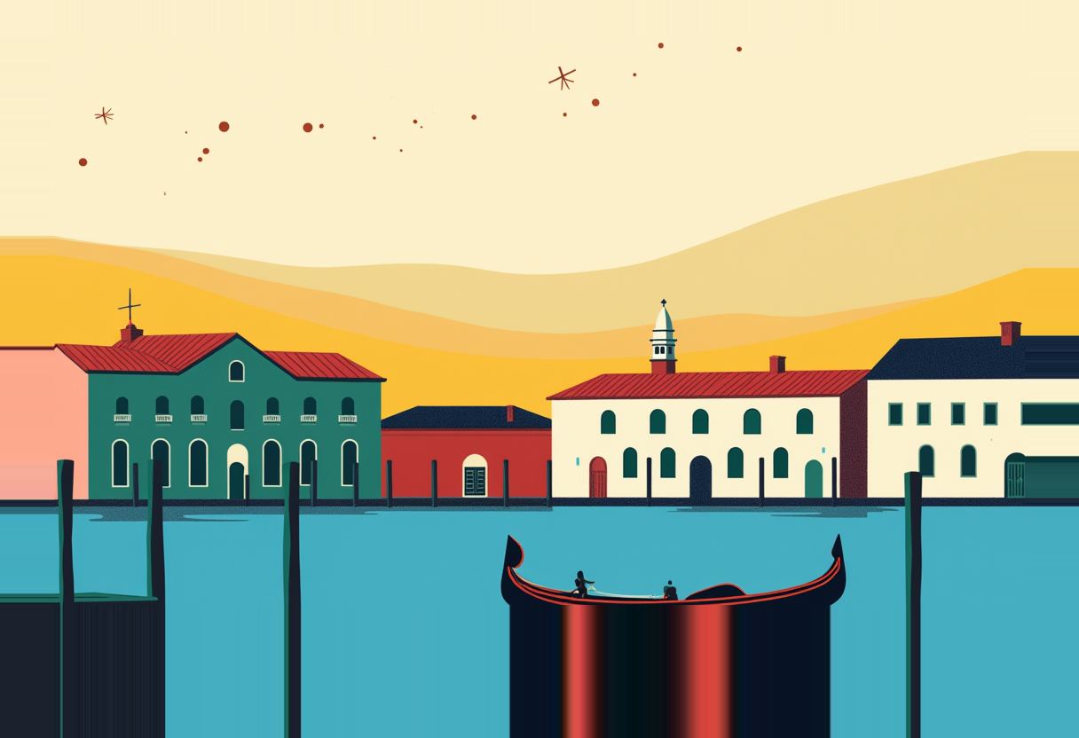 Illustrated Venice canal scene with a black-and-red gondola, colorful waterfront buildings, and red asterisk-like marks scattered in the pale sky above rolling amber hills.