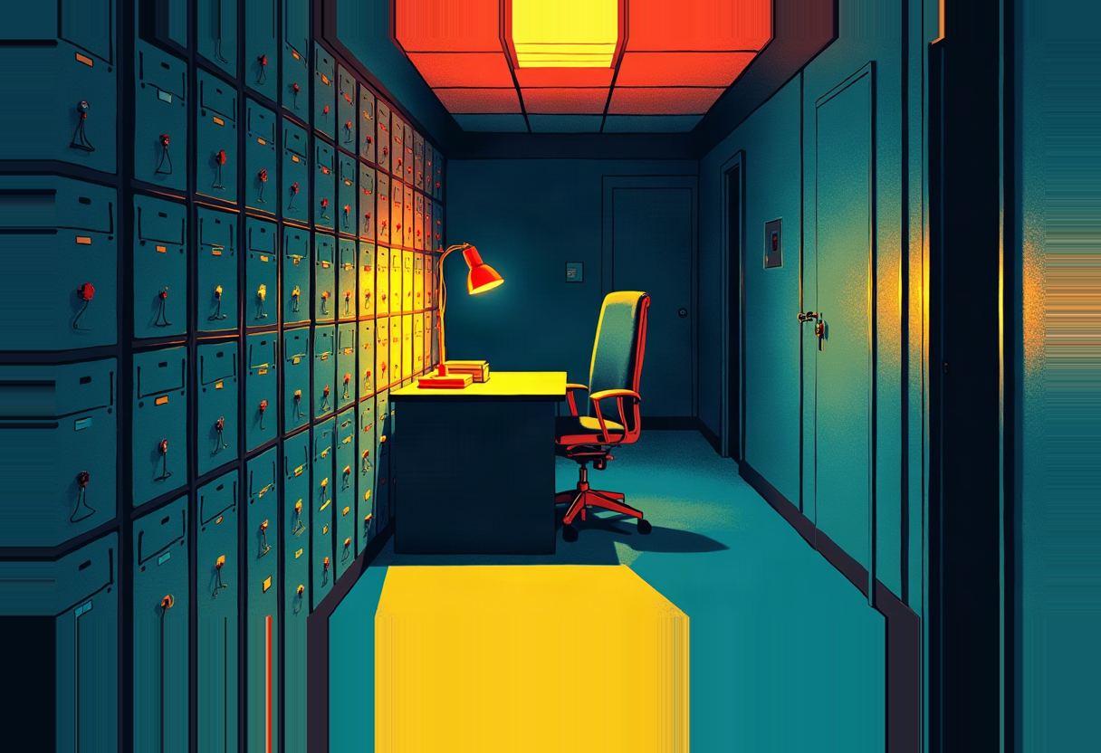 A wall of small locked safe-deposit boxes lines a teal corridor beside an empty desk with a red lamp and chair, lit by red ceiling light and a yellow floor glow from a side door.