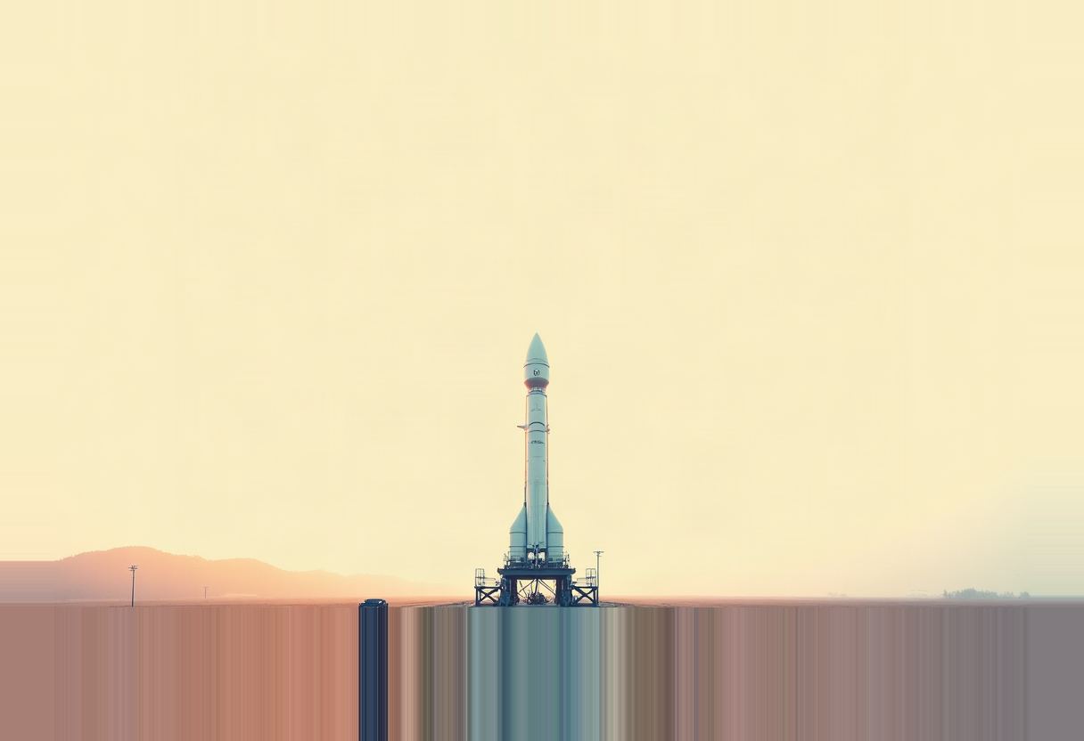 A white rocket stands upright on a launch gantry against a pale yellow sky, with distant hills at the horizon and a distorted, smeared strip of color across the bottom of the frame.