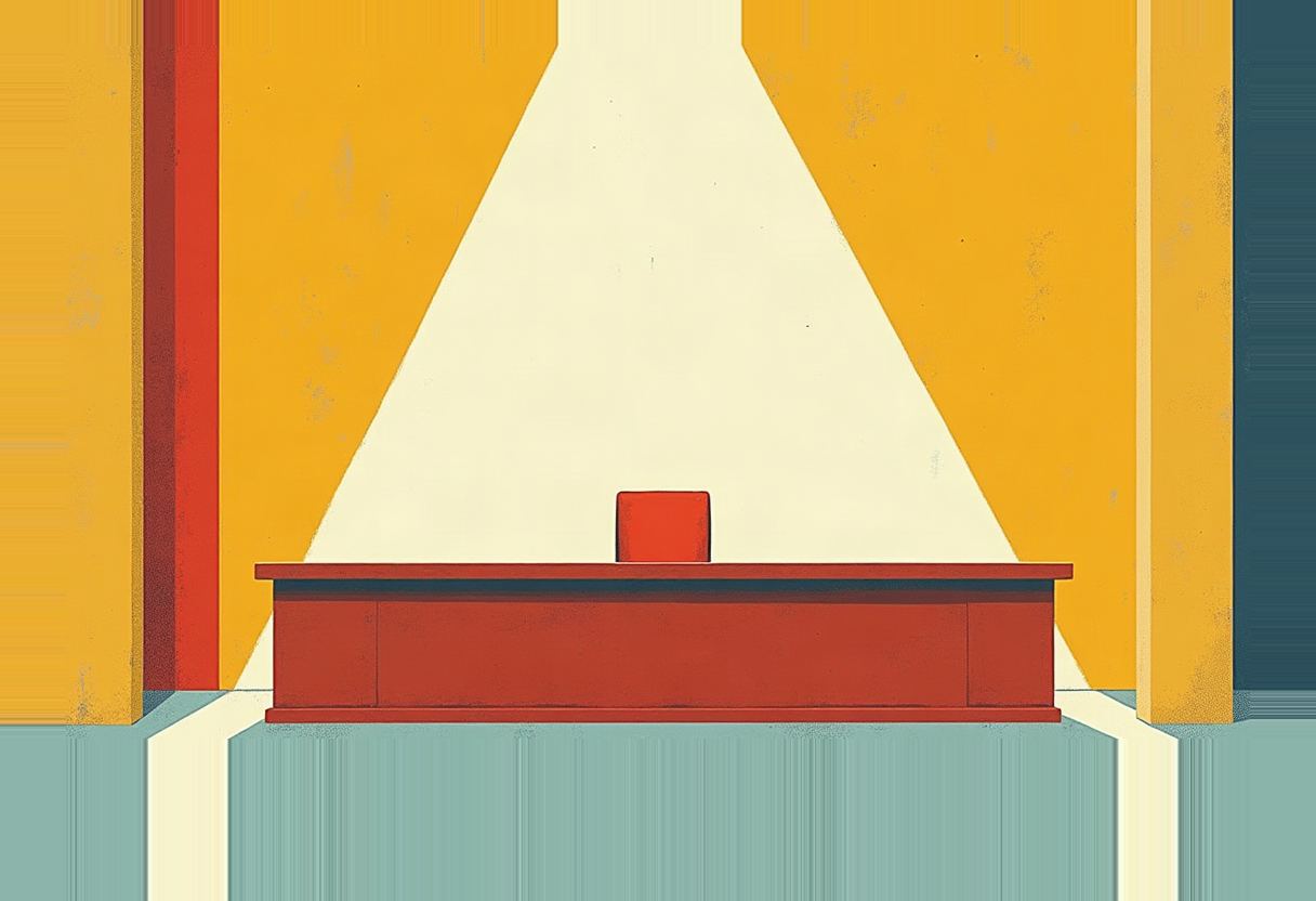 A red bench or desk with a small red cube on top sits in a triangular beam of light against yellow walls and a teal floor.