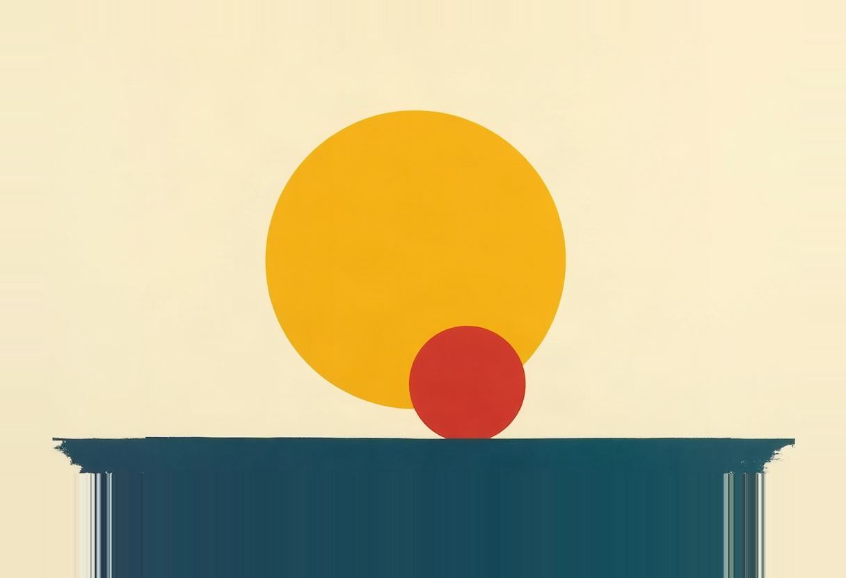 A large yellow circle overlapping a smaller red circle, both resting on a dark teal horizontal bar, against a pale cream background.