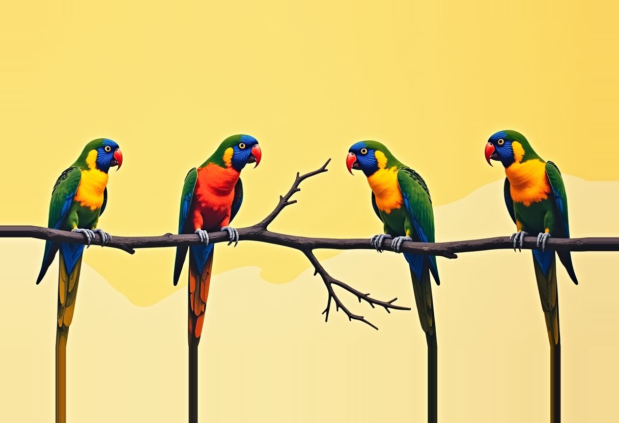 Four colourful parrots with blue heads and yellow-green bodies perch on a bare branch against a yellow background, two facing each other at a fork in the branch.