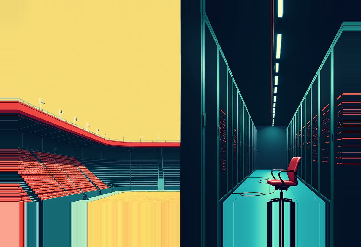 Split image: empty red stadium seating under a yellow sky on the left, a dark server-rack corridor with a red office chair on the right.
