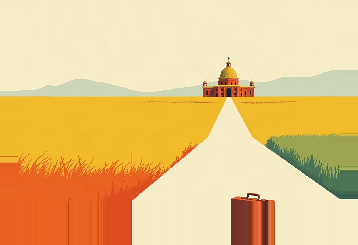 A briefcase sits on a white path through a yellow field flanked by orange and green grass, leading to a domed red-and-gold capitol building against pale hills.