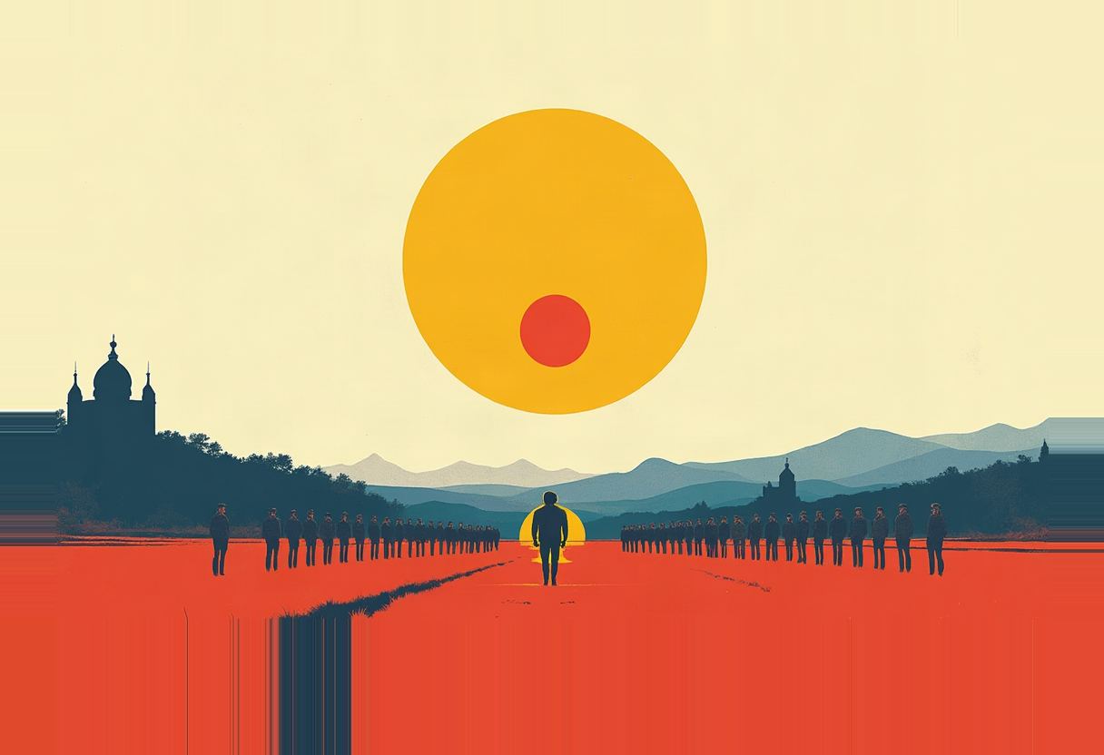 A silhouetted figure walks down a red path between two lines of dark figures toward a large yellow sun with a smaller red circle inside it, flanked by domed building silhouettes and hazy blue mountains.