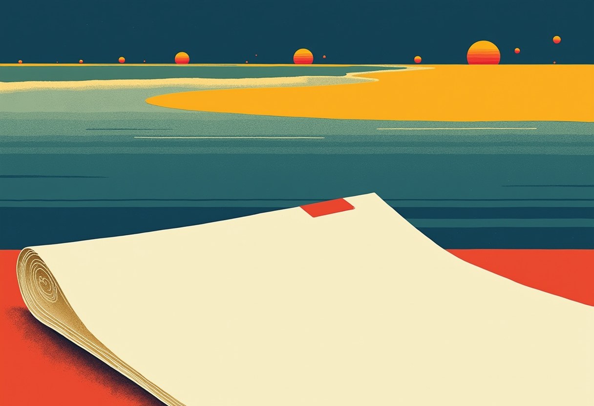 A rolled-out blank sheet of paper with a red tab lies over a striped landscape of teal water, a yellow shoreline, and multiple small sun-like orbs on the dark horizon.