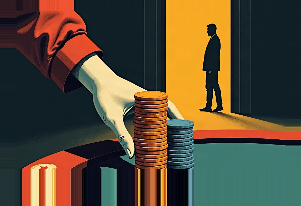 A white-gloved hand in a red sleeve stacks orange and blue poker chips on a table as a silhouetted man in a suit walks through a lit yellow doorway in the background.