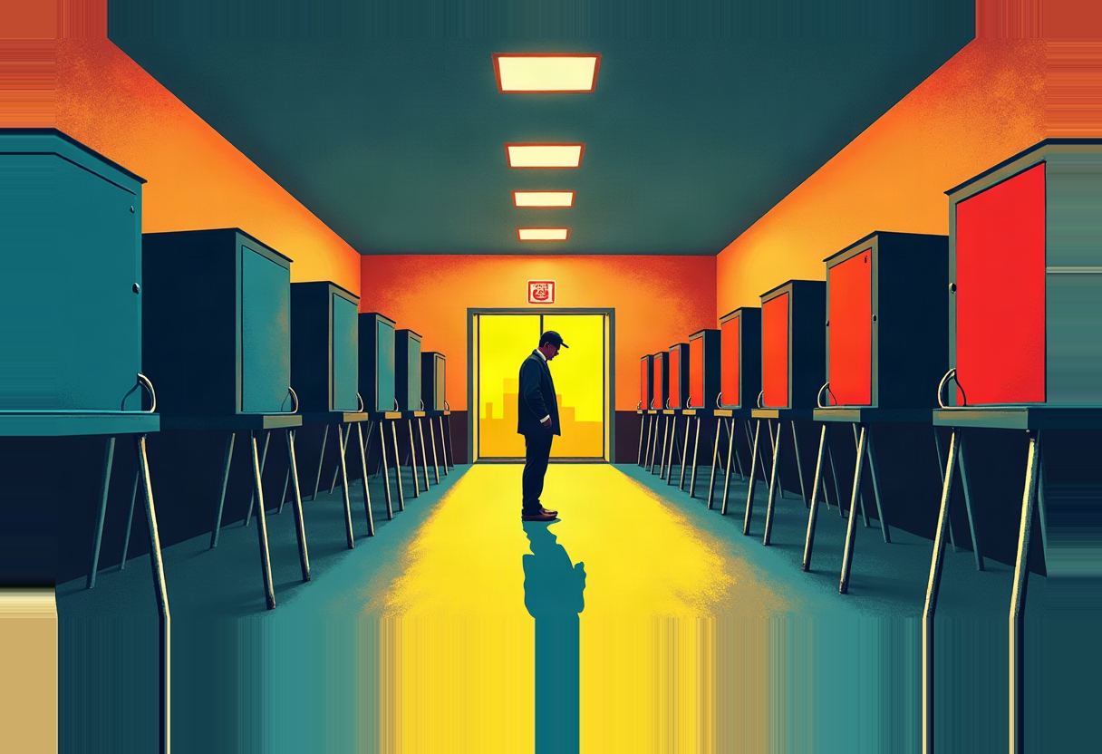 A single figure in a cap and jacket stands in a yellow-lit hallway lined with teal and red voting booths, facing a bright doorway at the end.